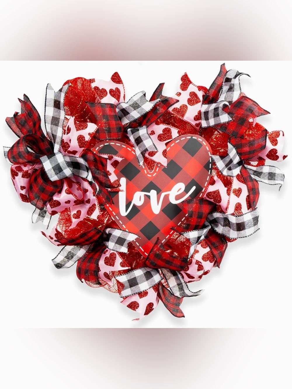 16” Red and Black Buffalo Plaid Heart 'Love' Wreath